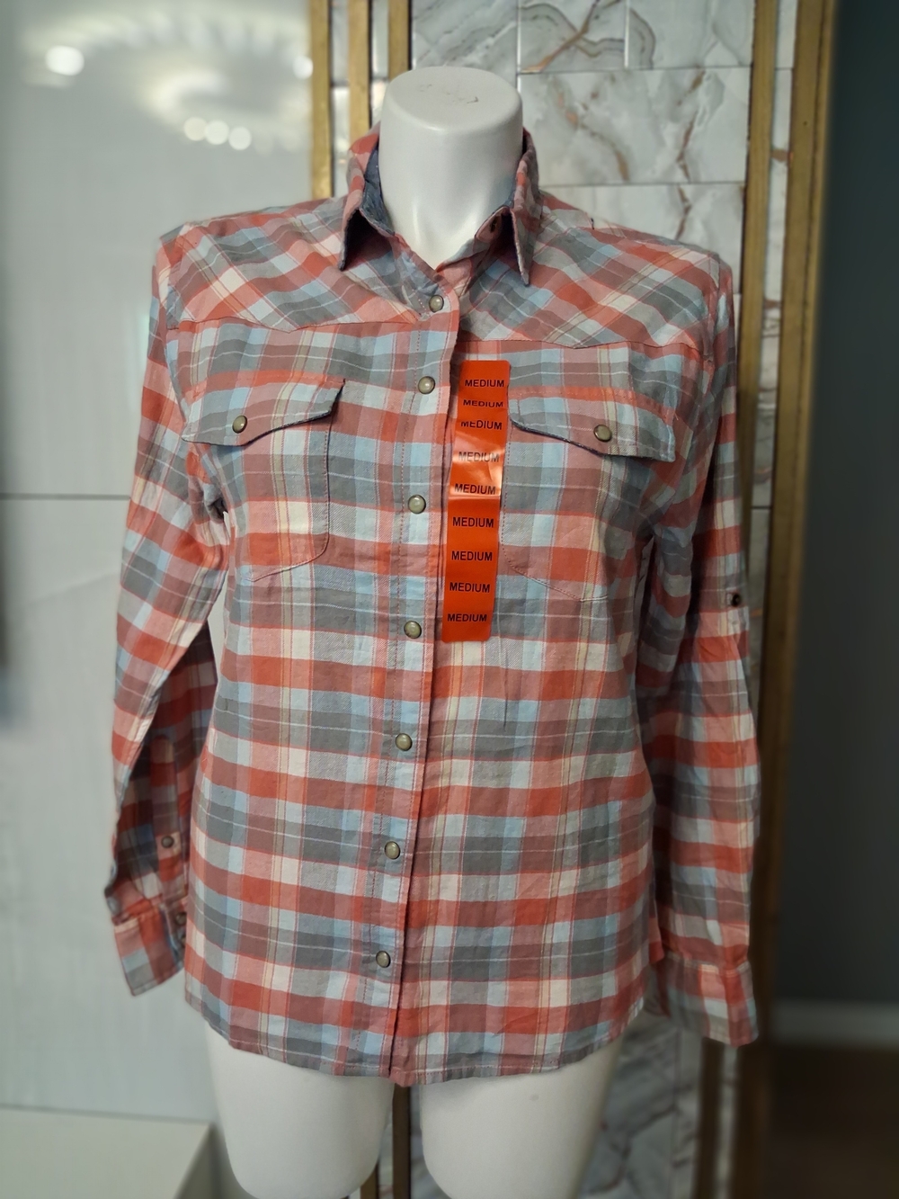 Jachs Coral and Gray Plaid Women's Button-Down Shirt